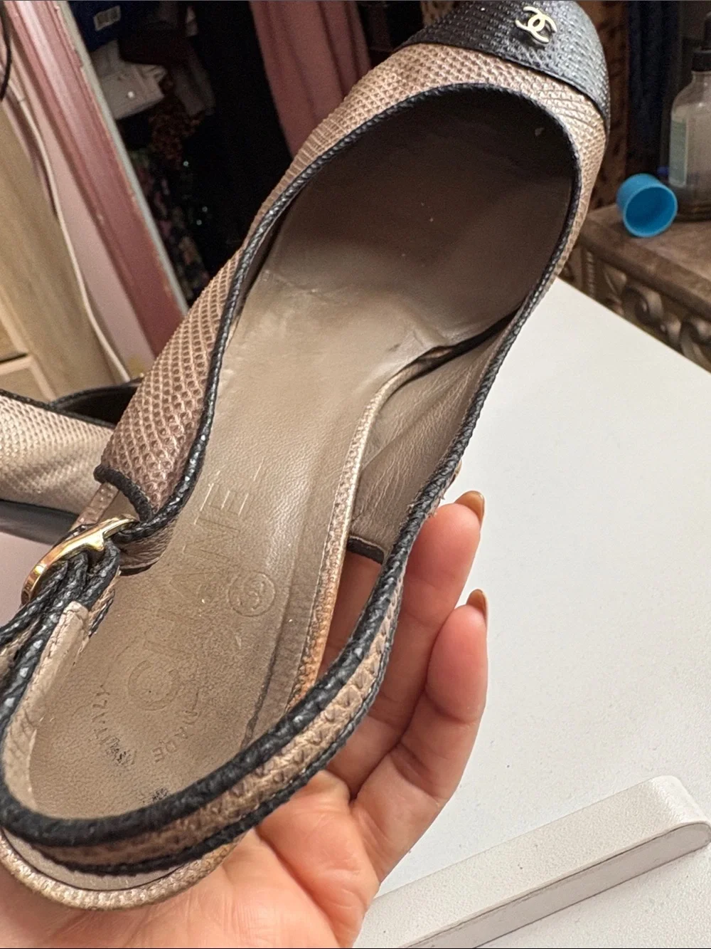 CHANEL Beige and Black Leather Slingback Pumps with CC Medallion